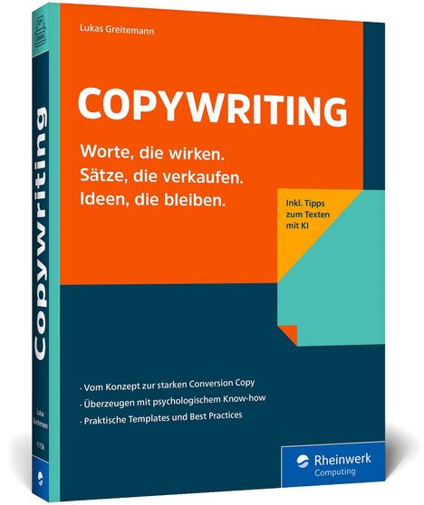 "Copywriting: Worte, die wirken. Sätze, die verkaufen. Ideen, die bleiben." Buchcover in lebendigen Orange- und Blautönen.