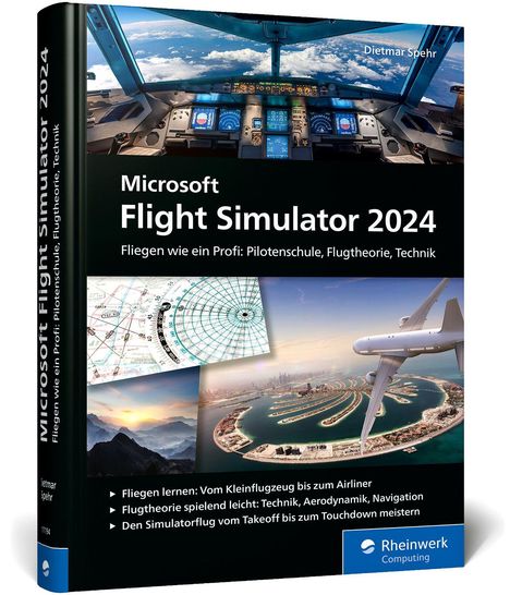 Buchcover mit "Microsoft Flight Simulator 2024", Cockpitansicht, Flugzeug über Küste, Flugkarte, Rheinwerk Computing Logo.