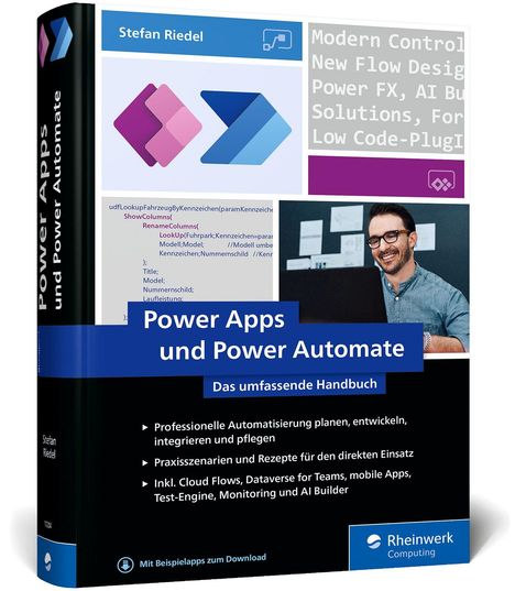 „Power Apps und Power Automate – Das umfassende Handbuch“ von Stefan Riedel. Cover mit Logos und Codeschnipseln.