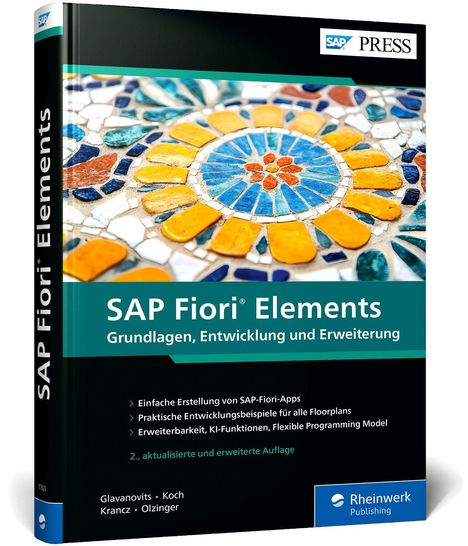 "SAP Fiori® Elements: Grundlagen, Entwicklung und Erweiterung" auf einem Buchcover mit abstraktem Mosaikmotiv und Rheinwerk-Logo.