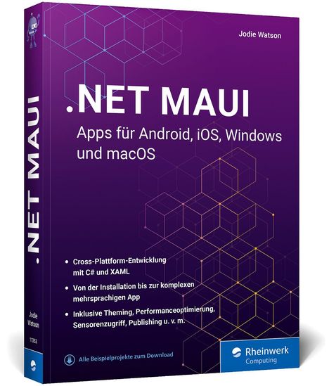 .NET MAUI: Apps für Android, iOS, Windows und macOS. Lila Buchcover mit geometrischen Mustern und Logo unten rechts.