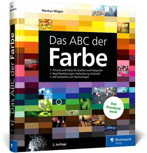 "Das ABC der Farbe" von Markus Wäger. Farbiges, quadratisches Muster. "Das Standardwerk" auf einem grünen Kreis.