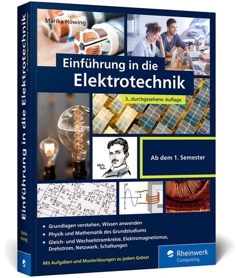 "Einführung in die Elektrotechnik", 3. Auflage, ab 1. Semester. Cover zeigt Glühbirne, Schaltpläne, Kabel, Nikola Tesla, Solarzellen.