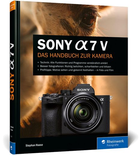 Buchtitel "Sony α7 V – Das Handbuch zur Kamera". Vorderansicht einer Kamera auf unscharfem Hintergrund.