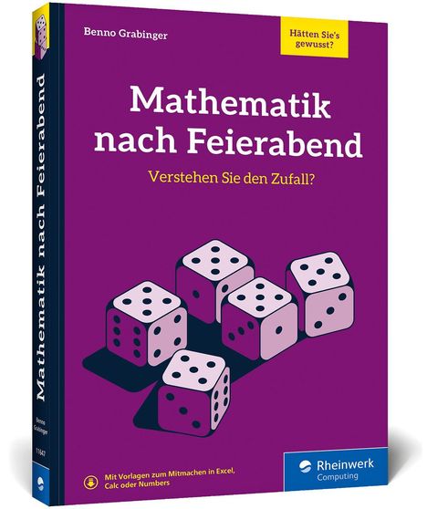 „Mathematik nach Feierabend: Verstehen Sie den Zufall?“ Sechs Würfel in 3D-Stil auf lila Hintergrund.