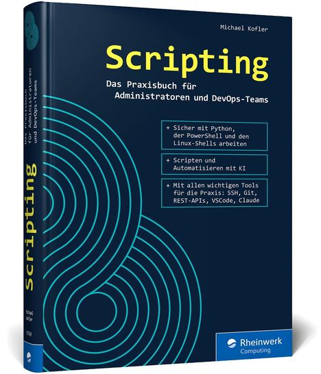 "Scripting: Das Praxisbuch für Administratoren und DevOps-Teams." Dunkelblaues Design mit hellblauen Kreisen.