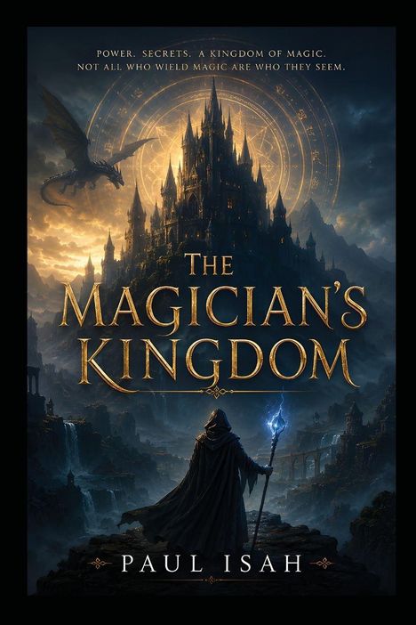 "The Magician's Kingdom" von Paul Isah. Ein Magier steht vor einer Burg mit einem Drachen und magischen Symbolen.