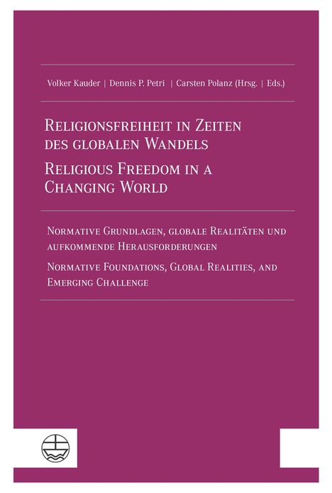 „Religionsfreiheit in Zeiten des globalen Wandels“, lila Hintergrund, ein Logo unten links.