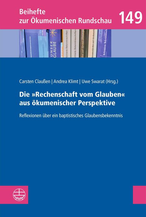 Beihefte zur Ökumenischen Rundschau 149. Buchrücken im Hintergrund, blau-rosa Design, Logo unten links.