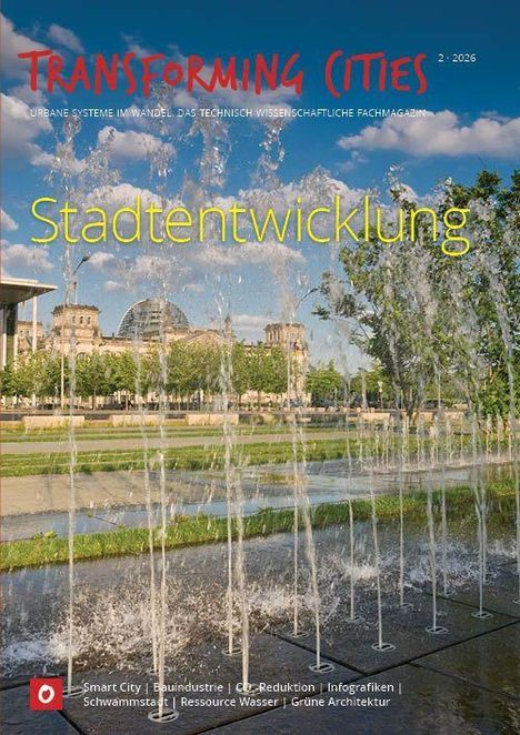 TRANSFORMING CITIES, Stadtentwicklung, Eimer von Wasserfontänen mit einer Gebäude- und Parkszene im Hintergrund.