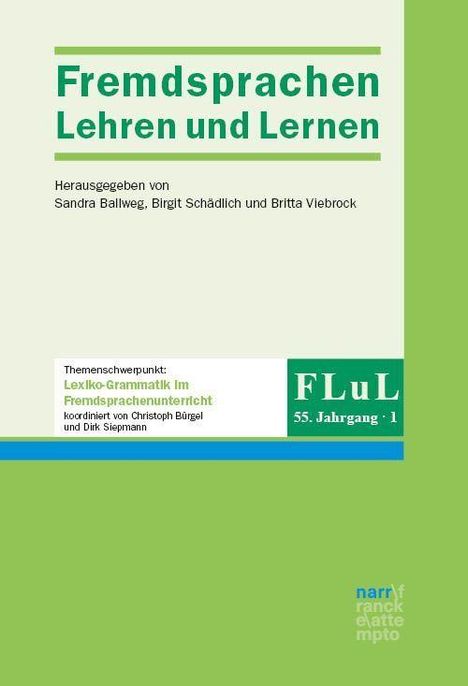 Text: "Fremdsprachen Lehren und Lernen", Herausgeber, Themenschwerpunkt. Grünes und cremefarbenes Cover, akademisches Design.