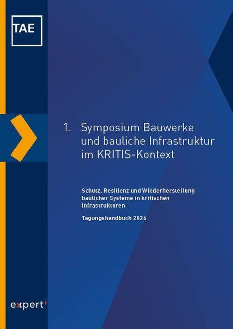 Text: "1. Symposium Bauwerke und bauliche Infrastruktur im KRITIS-Kontext... Tagungshandbuch 2026." Dominierend blaue Farbe.