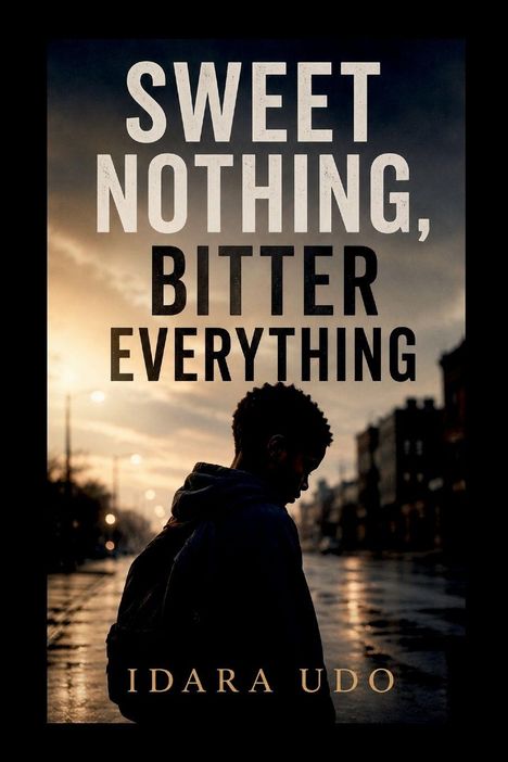 Text: "Sweet Nothing, Bitter Everything" und "Idara Udo". Silhouette einer Person in einer Straßenlandschaft bei Dämmerung.
