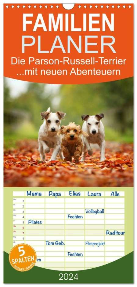 Kathrin Köntopp: Familienplaner 2024 - Die Parson-Russell-Terrier ...mit neuen Abenteuern aus der Hundeknipserei mit 5 Spalten (Wandkalender, 21 x 45 cm) CALVENDO, Kalender