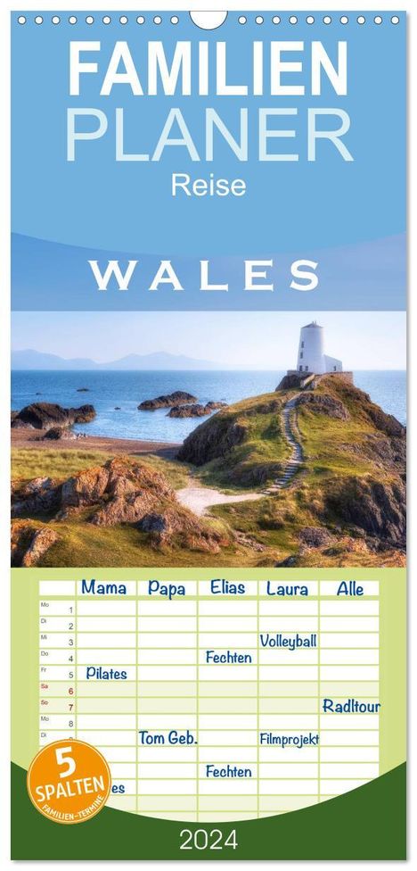 Joana Kruse: Familienplaner 2024 - Wales mit 5 Spalten (Wandkalender, 21 x 45 cm) CALVENDO, Kalender