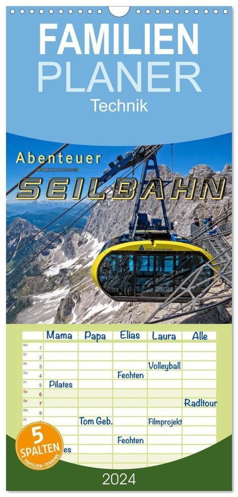 Peter Roder: Familienplaner 2024 - Abenteuer Seilbahn mit 5 Spalten (Wandkalender, 21 x 45 cm) CALVENDO, Kalender