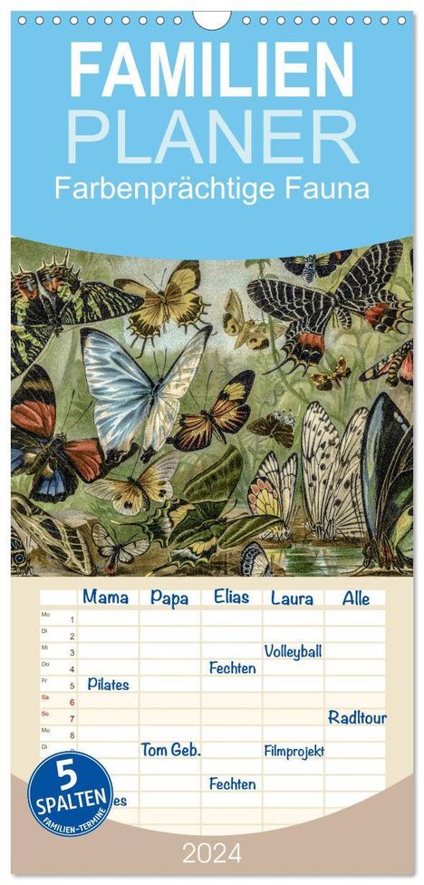 Jost Galle: Familienplaner 2024 - Farbenprächtige Fauna. Fische, Vögel, Schmetterlinge in Grafiken des 19 Jahrhunderts mit 5 Spalten (Wandkalender, 21 x 45 cm) CALVENDO, Kalender