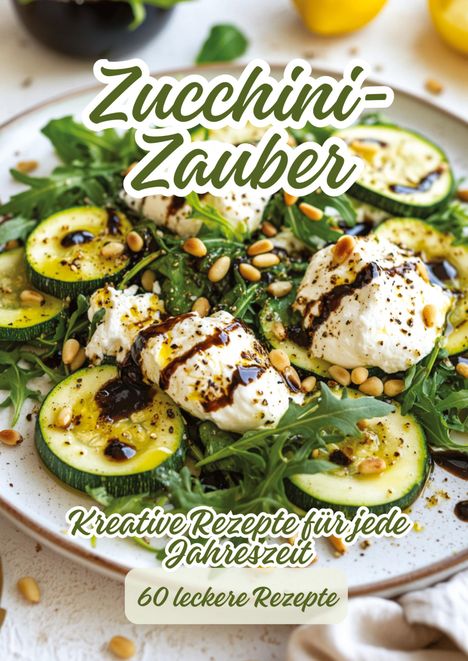 Zucchini-Zauber; Kreative Rezepte für jede Jahreszeit; 60 leckere Rezepte. Frischer Salat mit Zucchini, Burrata, Pinienkernen.