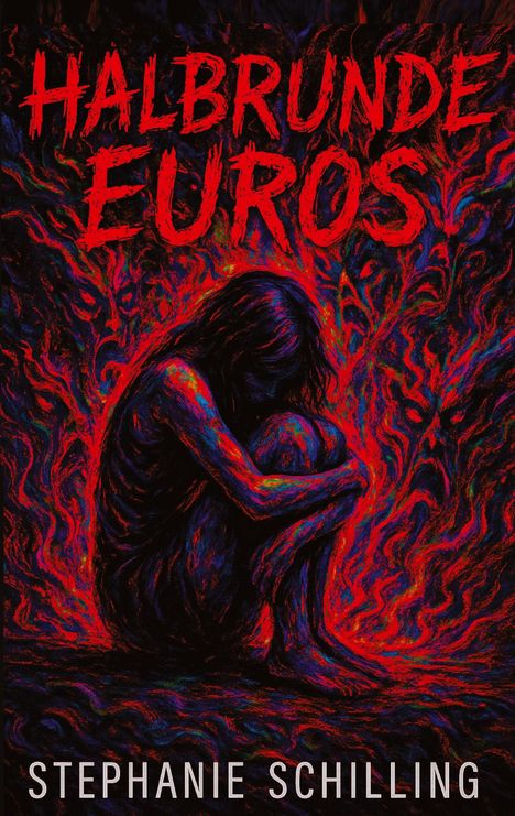 "HALBRUNDE EUROS", "STEPHANIE SCHILLING"; Illustration: Person kauert in blauen und roten Flammen.