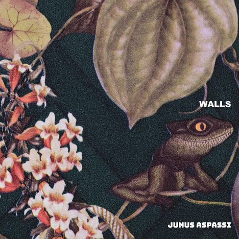 Text: "WALLS", "JUNUS ASPASSI". Illustration mit Blättern, Blumen und einer Eidechse auf dunklem Hintergrund.