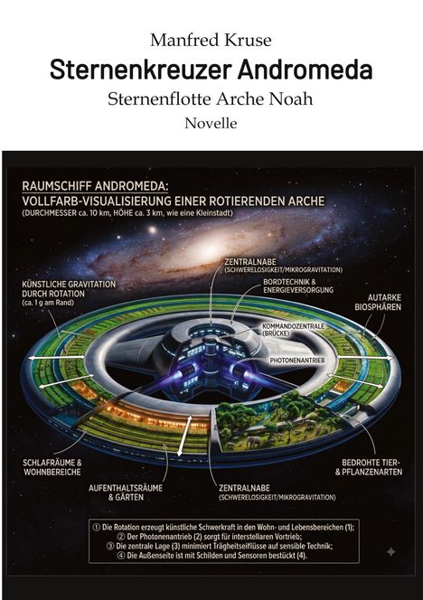 Text: Manfred Kruse - Sternenkreuzer Andromeda, Sternenflotte Arche Noah, Novelle. 

Illustration: ein rotierendes Raumschiff mit Beschriftungen zu Funktionen und Bereichen.