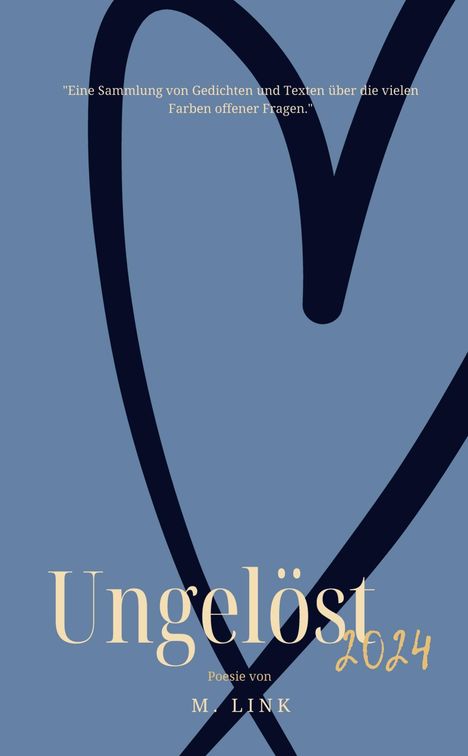 „Ungelöst 2024, Poesie von M. Link. Eine Sammlung von Gedichten und Texten.“ 
Herzform in Dunkelblau auf hellem Hintergrund.