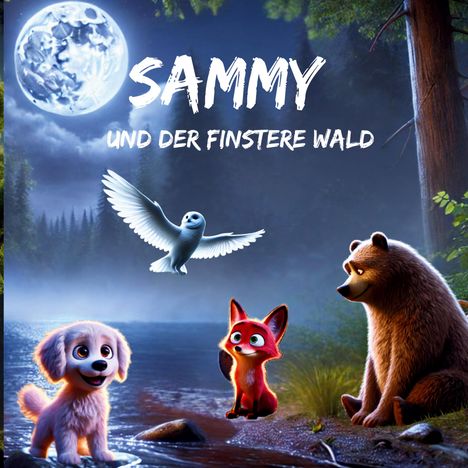 "Sammy und der finstere Wald": Eine Illustration mit Mond, Eule, Hund, Fuchs, und Bär am See im Wald.