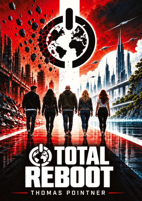 „TOTAL REBOOT“ von Thomas Pointner. Eine dystopische Stadtlandschaft mit fünf Personen, futuristische Architektur, kontrastreiche Farben.