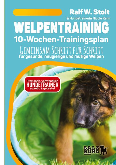 "Welpentraining: 10-Wochen-Trainingsplan" steht darüber. Ein Welpe schaut aus einem Tunnel hervor.
