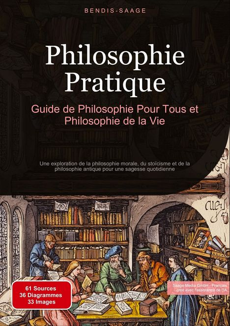 "Philosophie Pratique: Guide de philosophie pour tous et philosophie de la vie." Illustration einer Bibliothek.