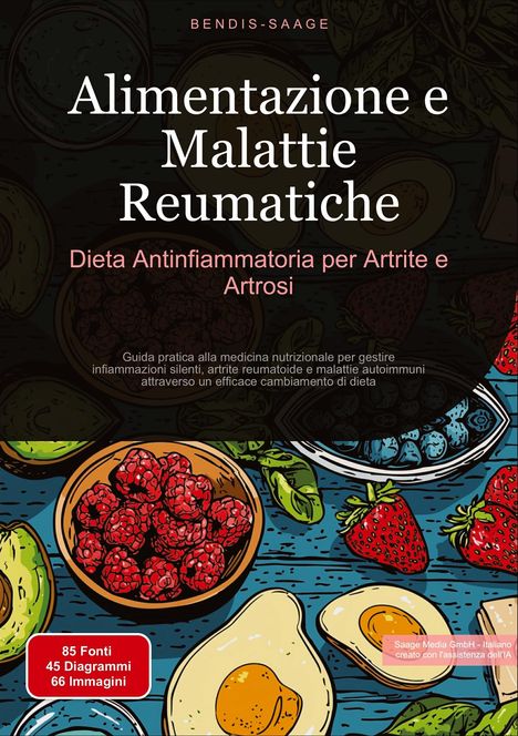 Titel: "Alimentazione e Malattie Reumatiche". Illustration von Früchten, Avocado und Spiegelei.