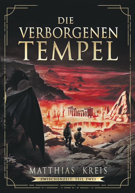 Titel: "Die Verborgenen Tempel". Zwei Figuren betrachten einen leuchtend roten Tempel in einer mystischen Landschaft.