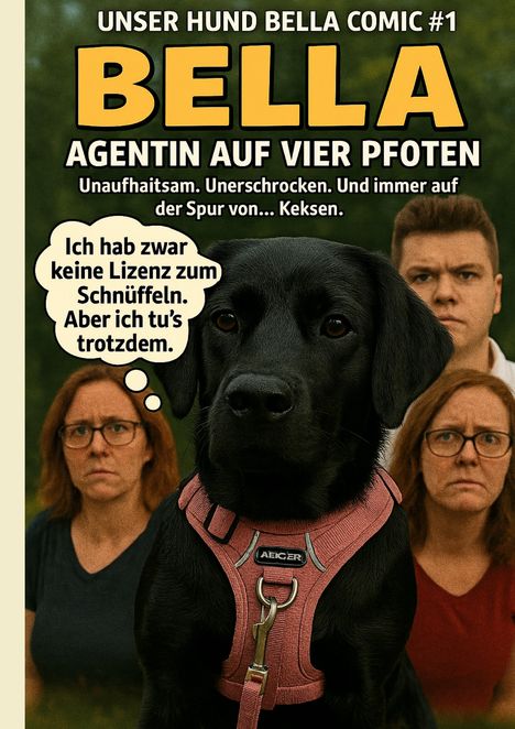 Comic-Cover: "Bella, Agentin auf vier Pfoten. Unaufhaltsam, auf Keks-Spur. Hund: 'Keine Lizenz zum Schnüffeln, tu’s trotzdem.'"