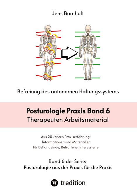 „Posturologie Praxis Band 6: Therapeuten Arbeitsmaterial“, zeigt zwei Skelettdarstellungen, links mit roten, rechts mit grünen Linien.