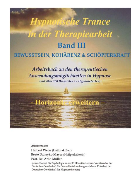 "Buchcover: 'Hypnotische Trance in der Therapiearbeit', Band III, über Hypnoseanwendungen, Sonnenuntergang mit segelndem Schiff."