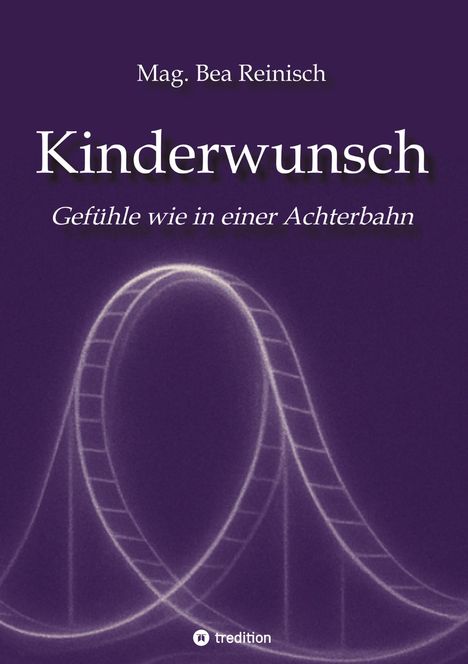 „Mag. Bea Reinisch. Kinderwunsch. Gefühle wie in einer Achterbahn.“ Illustration einer Achterbahn auf lila Hintergrund.