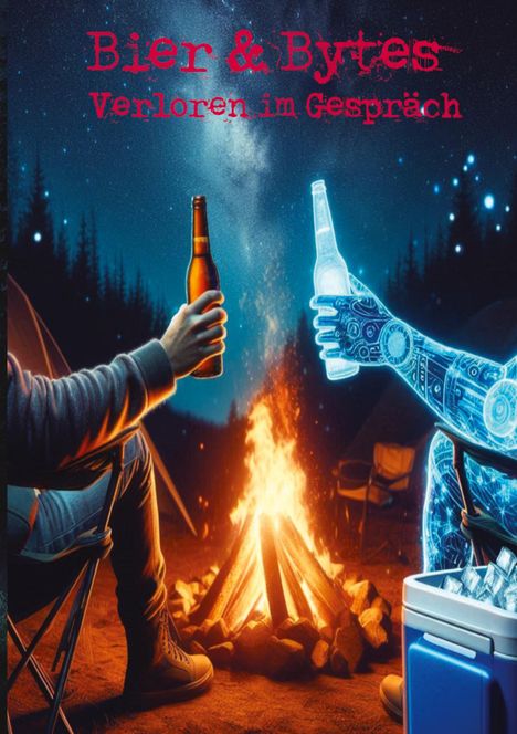 Text: „Bier & Bytes - Verloren im Gespräch.“ Menschenhand und Roboterarm stoßen am Lagerfeuer mit Bierflaschen an, nachts.