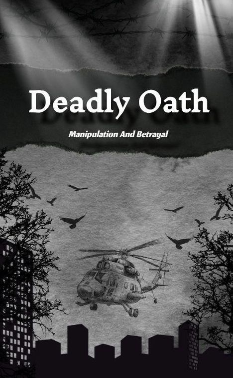 "Deadly Oath. Manipulation And Betrayal." Ein Hubschrauber fliegt zwischen Bäumen und Gebäuden, umgeben von Vögeln.