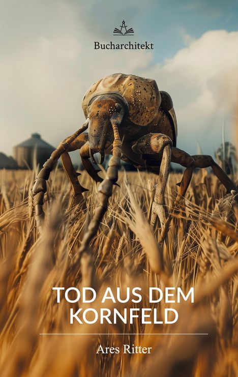 "TOD AUS DEM KORNFELD, Ares Ritter." Ein Käfer kriecht durch ein Kornfeld, darunter Logo "Bucharchitekt".