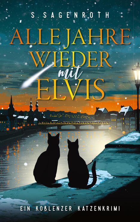 "ALLE JAHRE WIEDER MIT ELVIS" zeigt eine Illustration mit zwei Katzen am Flussufer bei Nacht.