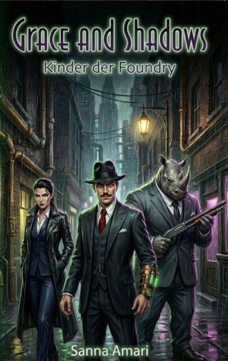 „Grace and Shadows: Kinder der Foundry“ von Sanna Amari. Drei Figuren in einem düsteren, regenüberfluteten Gang.
