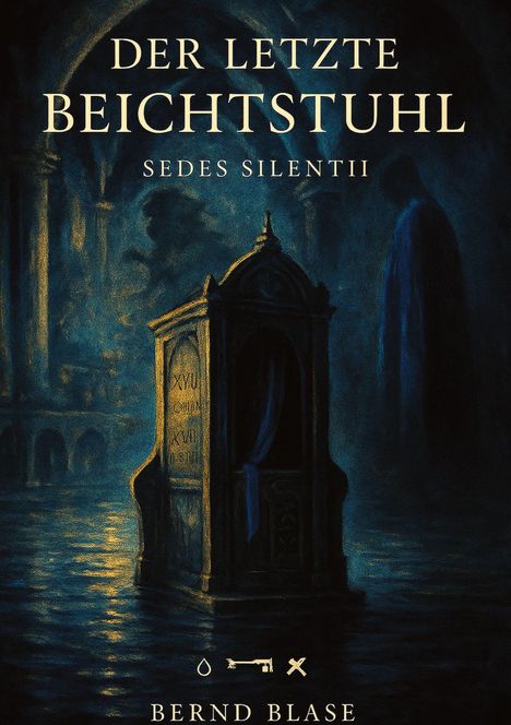 „Der letzte Beichtstuhl. Sedes Silentii. Bernd Blase.“ Illustration eines Beichtstuhls in einer düsteren, gotischen Kulisse.