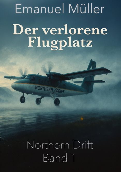 Titel: "Der verlorene Flugplatz" von Emanuel Müller. Ein Flugzeug in nebliger Landschaft hebt ab.