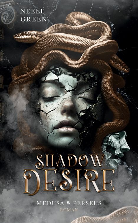 „Neele Green, Shadow Desire, Medusa & Perseus, Roman.“ Eine gesprungene Maske mit Schlangen, dramatisch und mystisch.