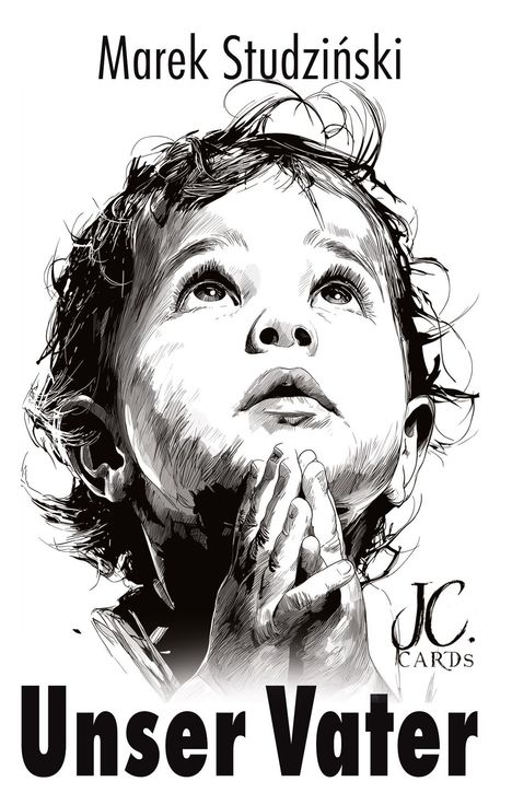 "Unser Vater" und "Marek Studziński". Illustration eines betenden Kindes mit erhobenen Händen und Blick nach oben.