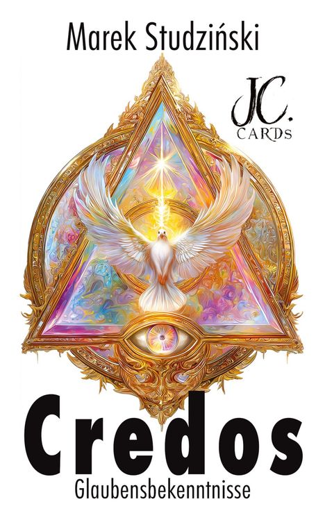 Text: "Marek Studziński", "Credos", "Glaubensbekenntnisse", "JC Cards". Illustration: Dreieck aus Licht mit einer Taube.