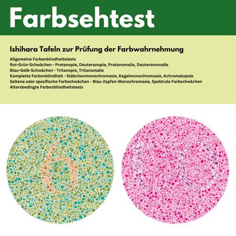 "FarbsEhtest" oben. "Ishihara Tafeln zur Prüfung der Farbwahrnehmung" darunter. Zwei bunte Punktmuster.