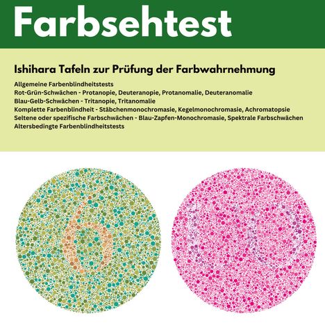 Farbsichttest: Ishihara Tafeln zur Prüfung der Farbwahrnehmung. Zwei Kreise mit bunten Punkten zeigen Zahlen.