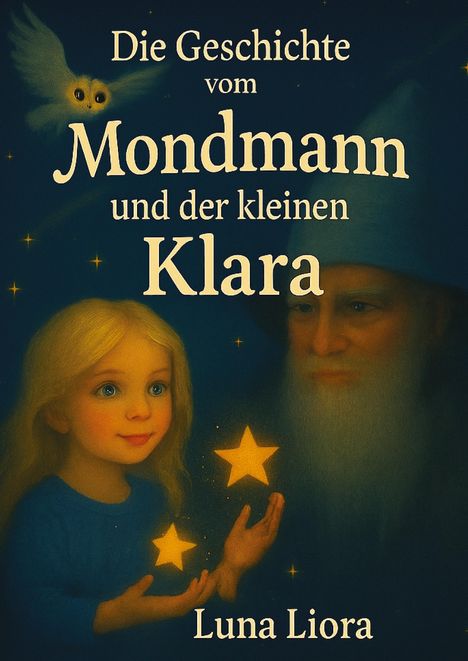 Titel: Die Geschichte vom Mondmann und der kleinen Klara. Autorenname: Luna Liora. Illustration: Kind, Mann, Sterne, Eule.