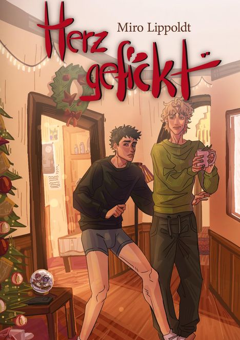 "Herz gefickt", Miro Lippoldt: Zwei Personen in einem weihnachtlich dekorierten Raum mit Baum und Lichterkette.